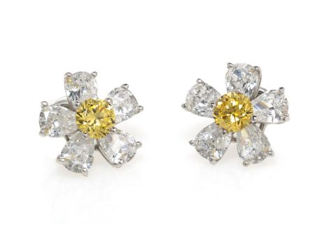 14k White Gold Flower Earrings With Canary Center Cheap