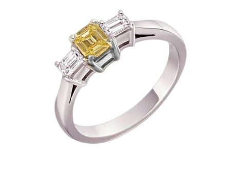 14k White Gold 3 Stone Emerald Cut CZ With Canary Center Stone Sale