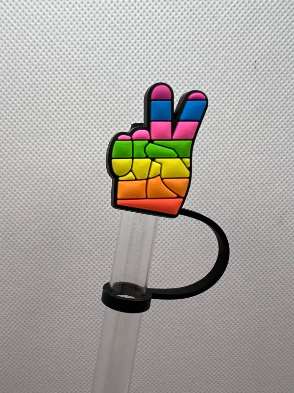 Rainbow Peace Fingers Silicone Straw Topper 10mm Hot on Sale