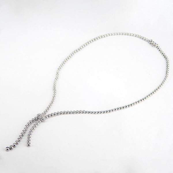 14K White Gold Barrel Set Lariat with Pave Ball Necklace Sale