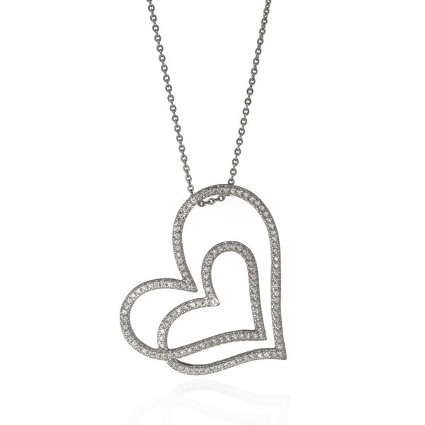 14k White Gold CZ Double Side Heart Pendant Necklace For Discount