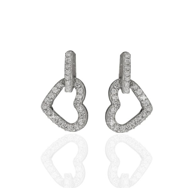 14K White Gold Cubic Zirconia Heart Drop Earrings For Sale