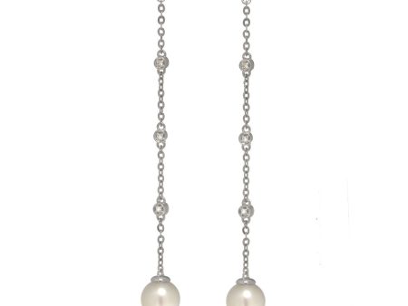 14K White Gold CZ w Fresh Water Pearl Drop Earring Hot on Sale