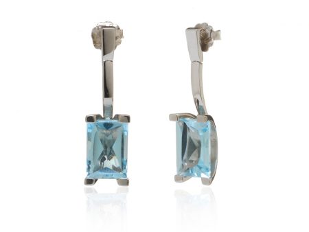 Princess Cut Blue Topaz Drop Earrings Set in 14k White Gold For Discount