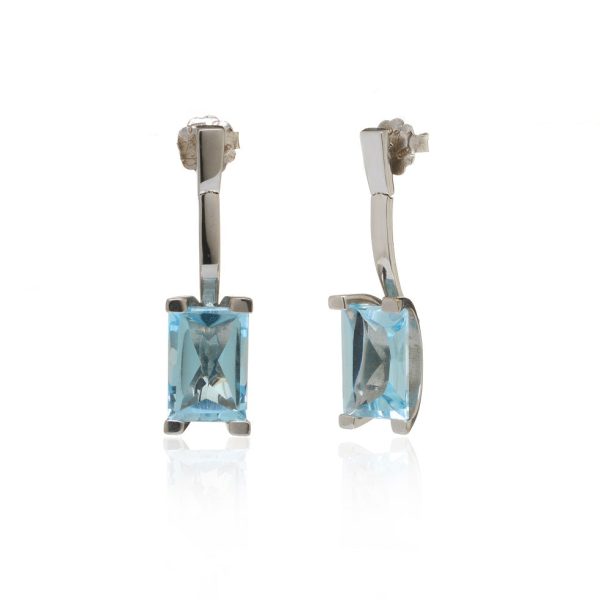 Princess Cut Blue Topaz Drop Earrings Set in 14k White Gold For Discount