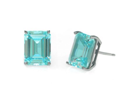 14K White Gold Aqua Emerald Cut CZ Stud Earrings Supply