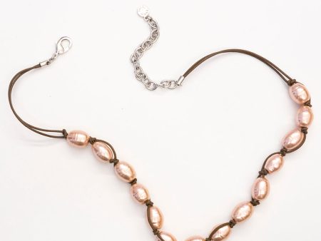 Pink Pearl Necklace With Brown Cord For Cheap