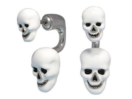 Silvertone White Enamel Double Skull Earrings Discount