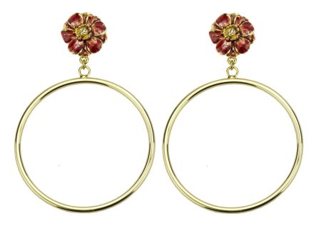 Goldtone Double Rose Red Flower Large Hoop Earrings Supply