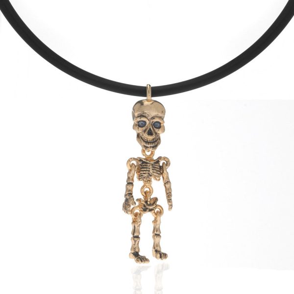 Gold Tone Skeleton Pendant Necklace On Black Cord Online Sale