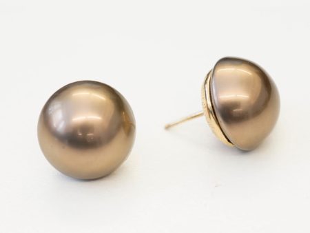 Goldtone 16mm Brown Button Pearl Pierced Earrings Supply