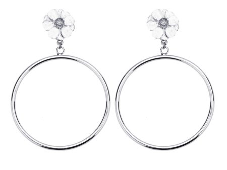 Silvertone Double Rose White Flower Large Hoop Earring Fashion