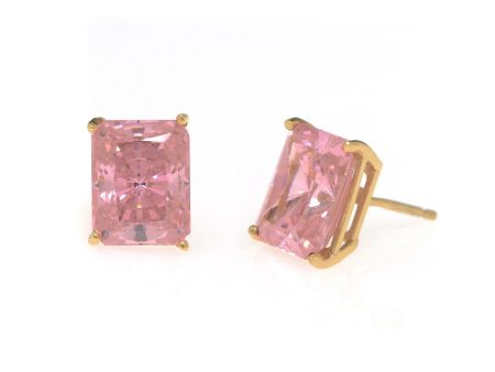 14K Yellow Gold Pink Emerald CZ Stud Earring Hot on Sale