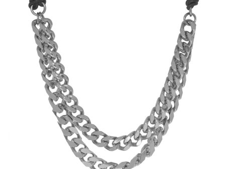 Rhodium Chain Black Leather Necklace Fashion