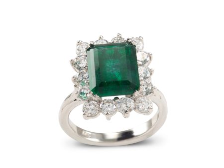 14k White Gold Emerald w  Clear Round CZ Ring Cut (size 7) Discount