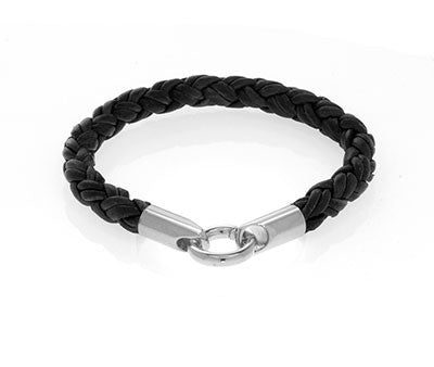 Black Leather Bracelet with Silvertone Stainless Steel Closure For Discount