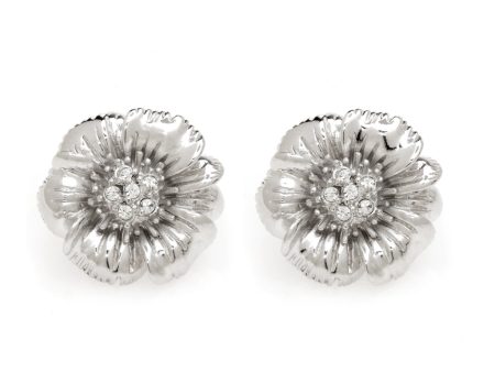 Rhodium Plated Flower Earring With Crystals on Sale