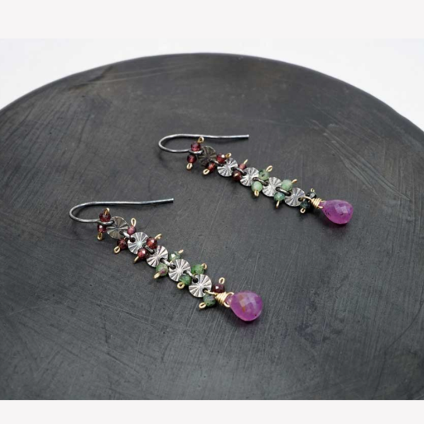 Ruby Zoisite, Ruby & Garnet Oxidized Silver Ladder Earrings For Sale