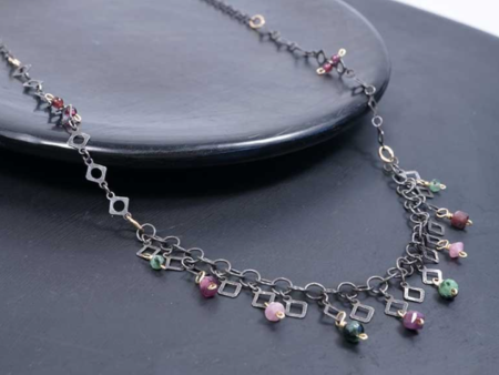 Pink Tourmaline, Ruby Zoisite and Garnet Drops on Oxidized Silver Square Chain Necklace Online